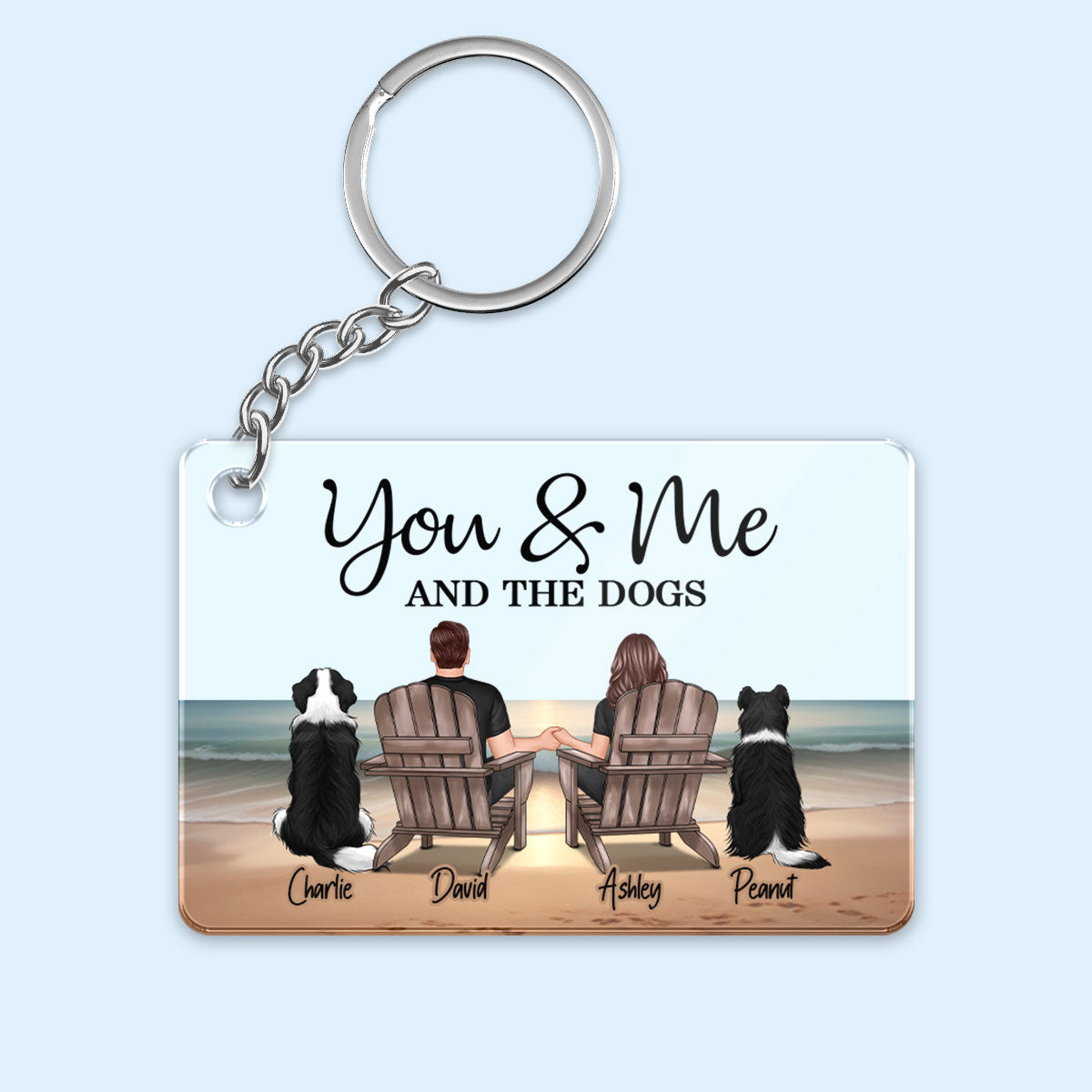 You Me And The Dogs Cats Couple Realistic Beach Landscape Personalized Acrylic Keychain, Gift For Him, For Her
