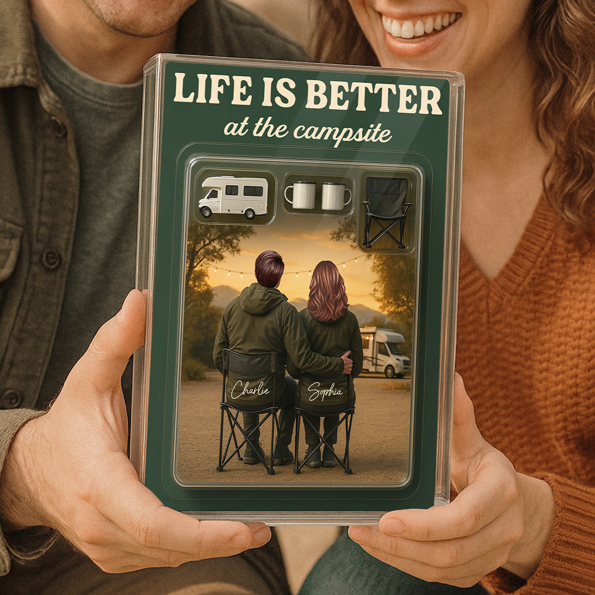 3D Effect Camping Couple Toy Box Custom Figure Personalized Rectangle Acrylic Block Plaque