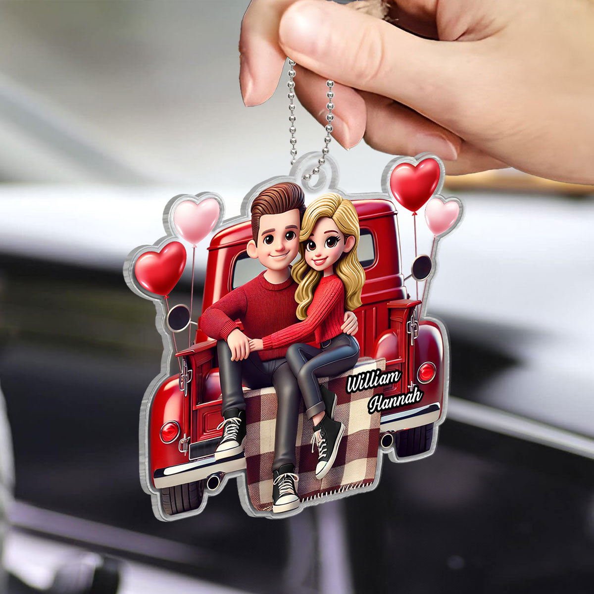 3D Effect Couple Sitting On Red Truck Personalized Acrylic Car Hanger,  Gift, Anniversary Gift For Couples