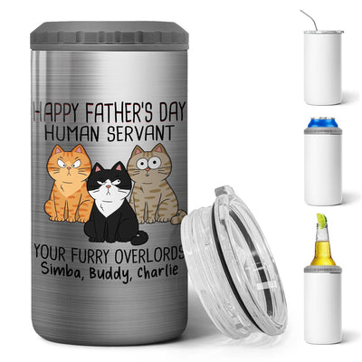 Happy Father‘s Day Human Servant Funny Cute Cats Personalized Can Cooler, Gift For Cat Dad