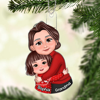 Christmas Happy Face Grandma & Grandkid Hugging Personalized Acrylic Ornament