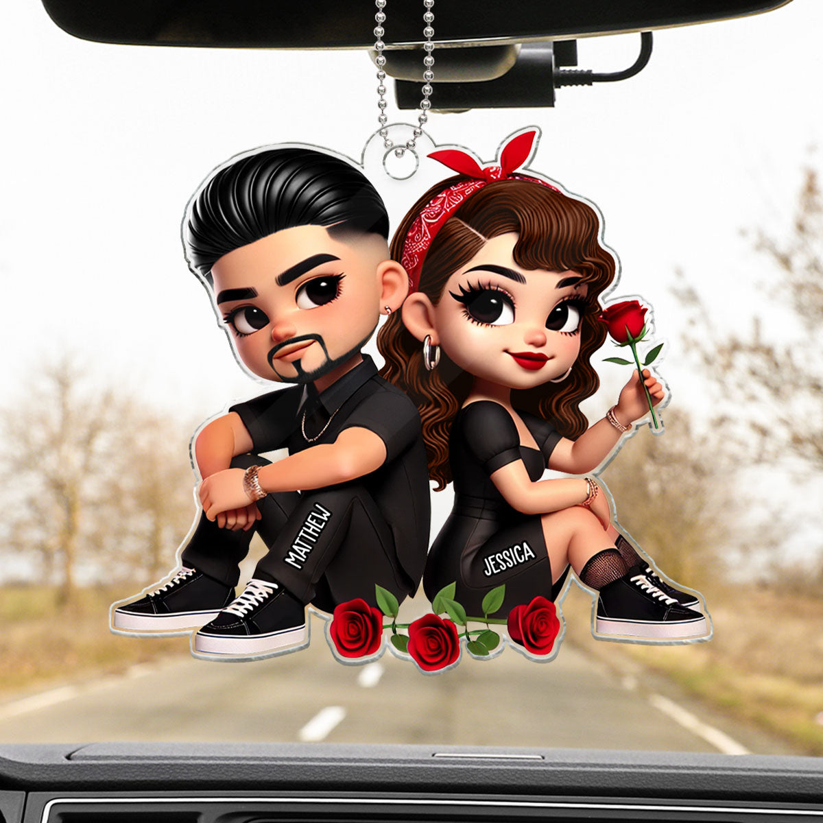 Pretty Couple Roses Heart Personalized Acrylic Car Hanger, Anniversary Gift,  Gift for Couples
