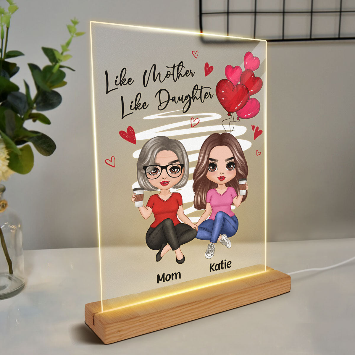 Red Hearts Like Mother Like Daughters Doll Women Sitting Gift For Mom Daughters Personalized Rectangle Acrylic Plaque LED Night Light
