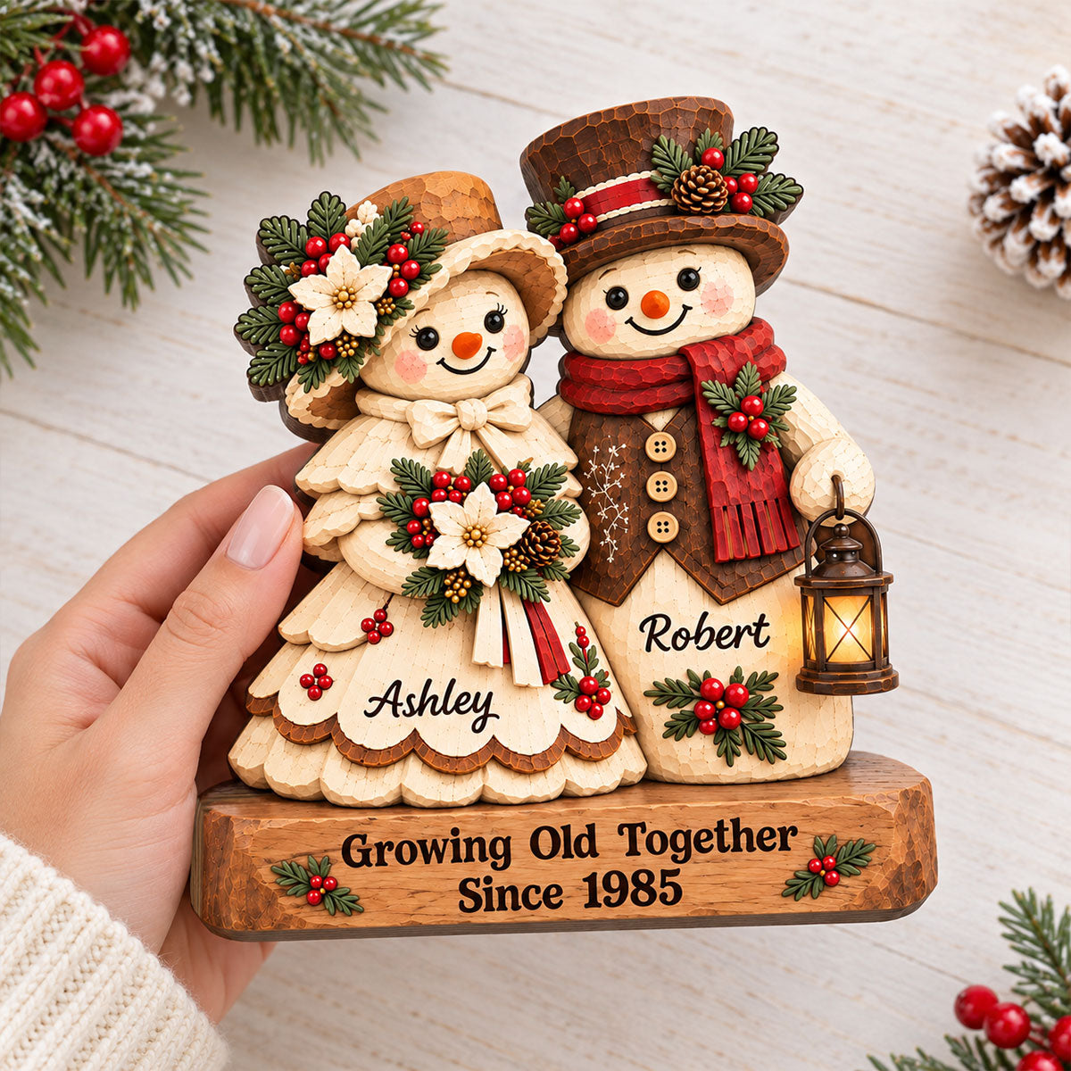 Retro Vintage Rustic Snowman Couple Cozy Christmas Vibe - Personalized Wooden Block Plaque - Christmas Gift For Couple