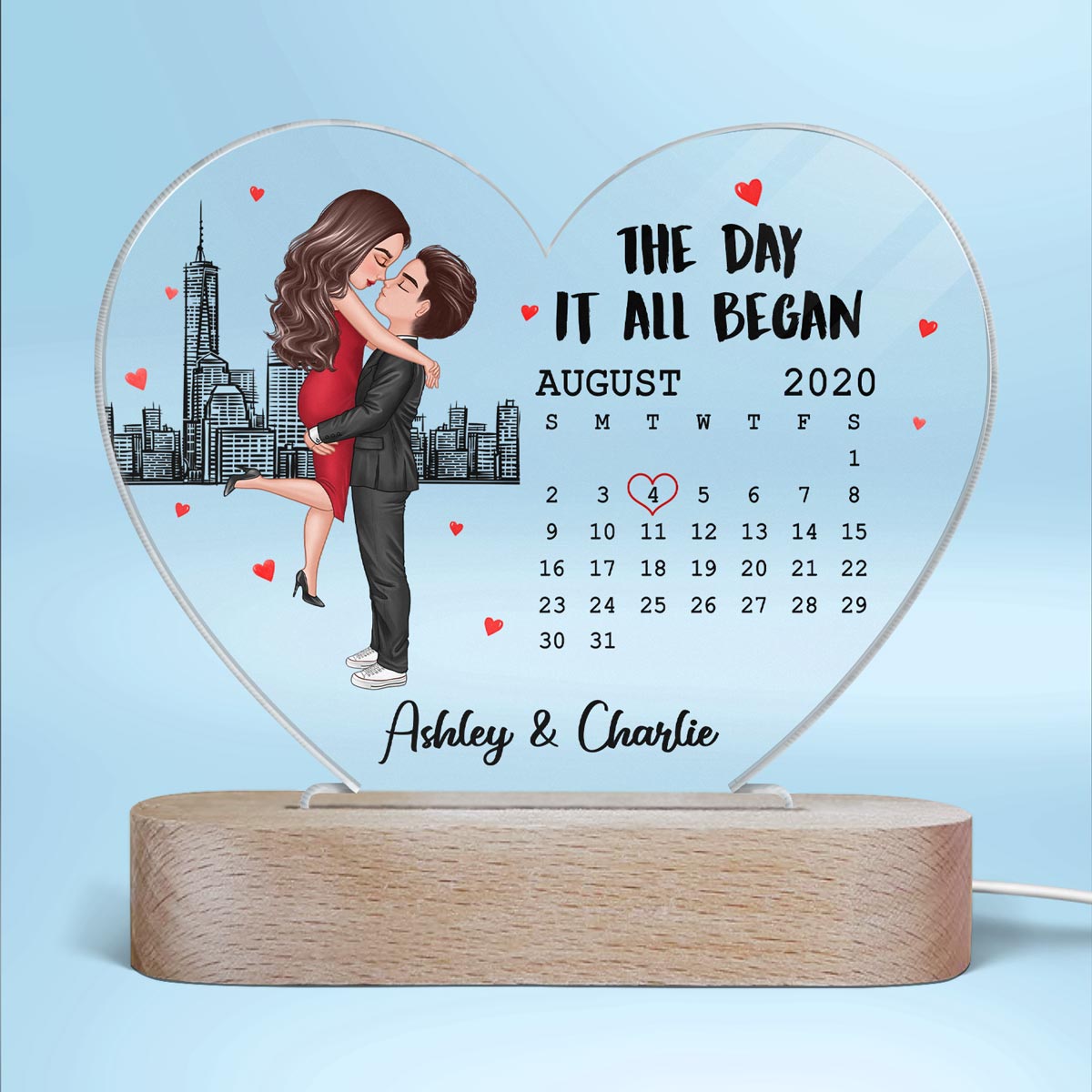 Doll Couple Hugging Kissing Skyline Calendar Anniversary Date Personalized Acrylic Heart Plaque LED Night Light