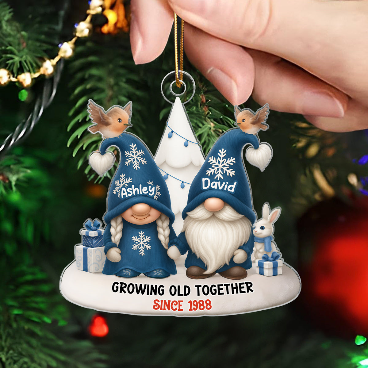 Blue Gnome Christmas Couple Growing Old Together Personalized Acrylic Ornament, Gift for him, Gift for her