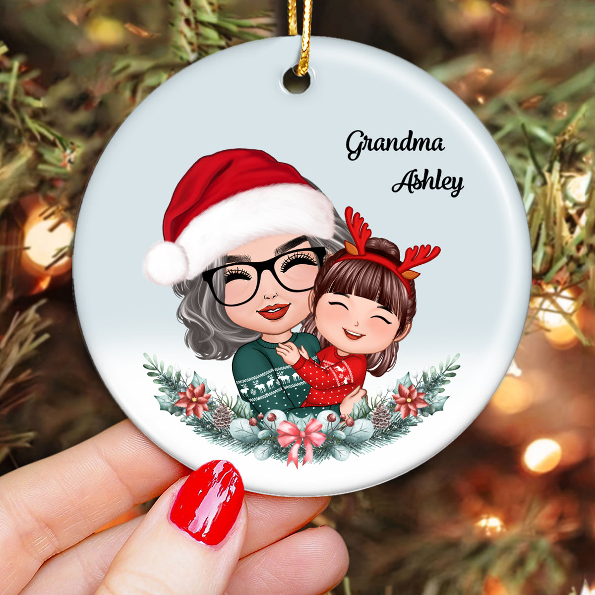 Grandma Hugging Grandkid Christmas Wreath Gift For Grandson Granddaughter Personalized Circle Ornament