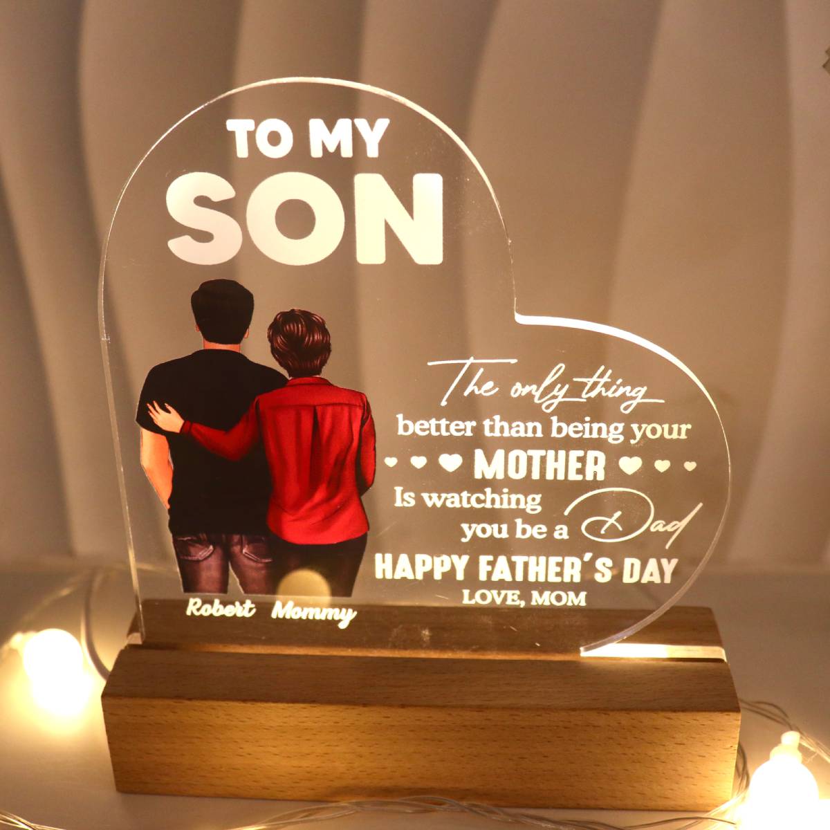 From Mom To Son Happy Father's Day Personalized Heart Acrylic Warm LED Night Light, Heartfelt Gift For Son