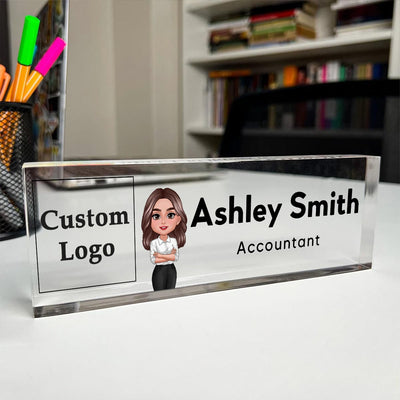 Office Woman Man Upload Your Logo Personalized Acrylic Desk Name Plate, Office Decor, Gift For Colleagues, Boss