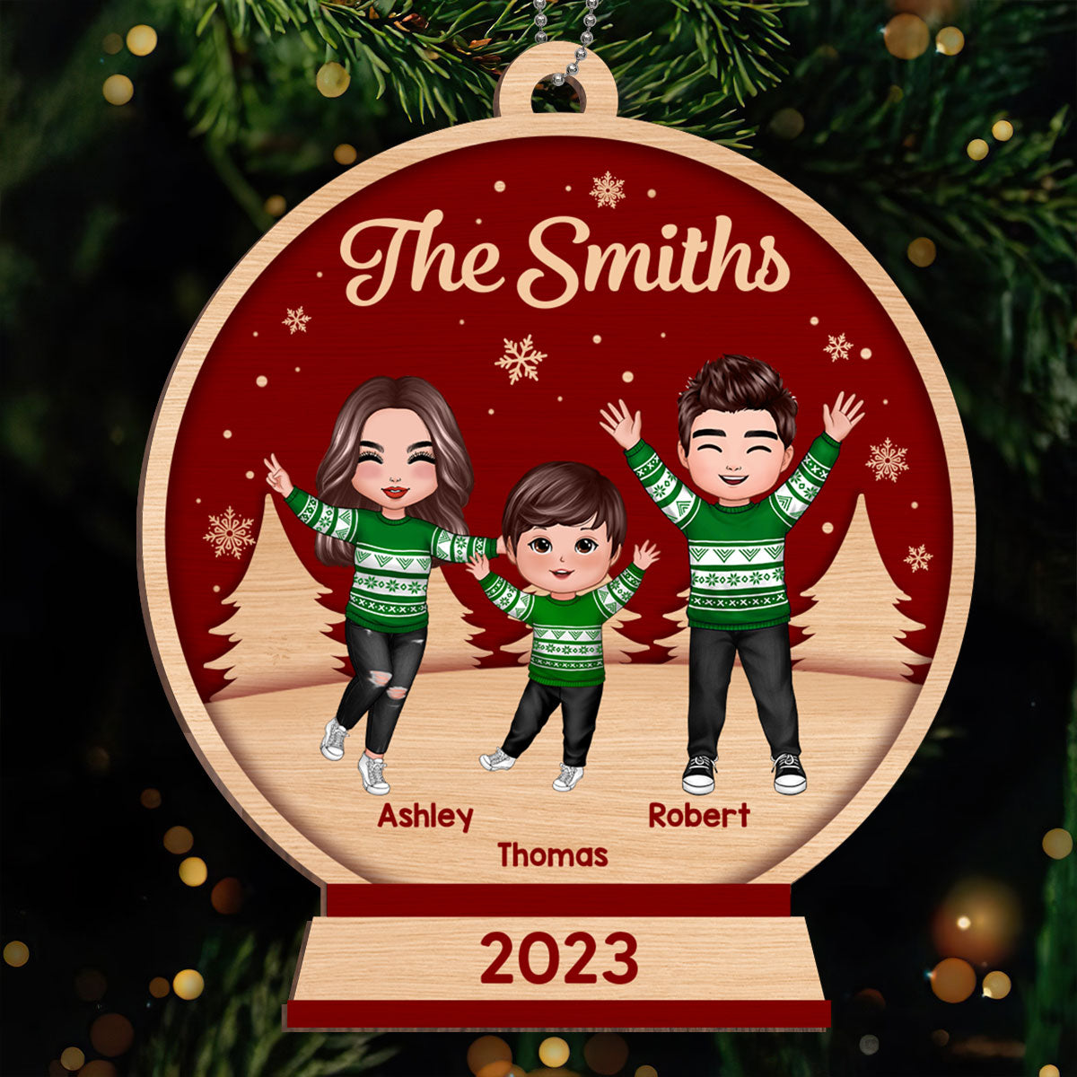 Happy Christmas Doll Family In Snow Globe Personalized Wooden Ornament