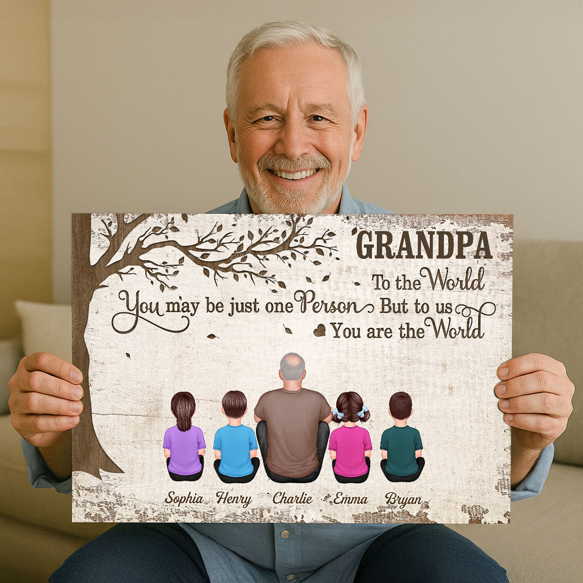 Grandpa And Kids Dogs Cats Sitting Under Tree Personalized Poster, Gift For Grandpa