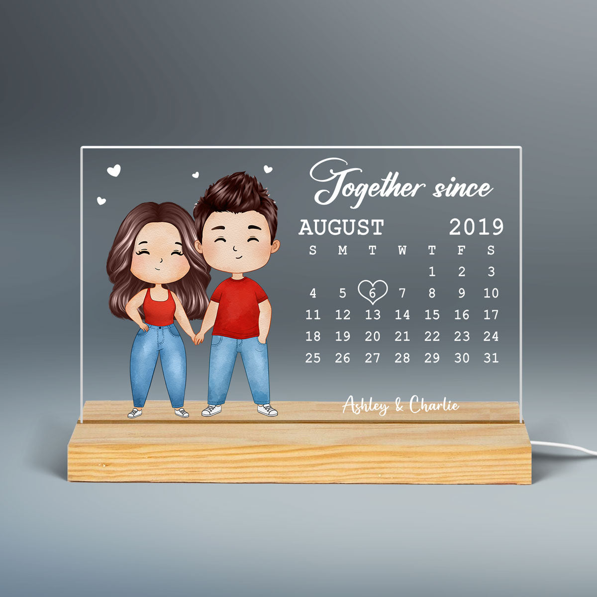 Cartoon Chibi Couple Anniversary Date Calendar Rectangle Personalized Custom Shape Acrylic Plaque With LED Night Light - Anniversary Gift For Couple - Gift For Him - Gift For Her