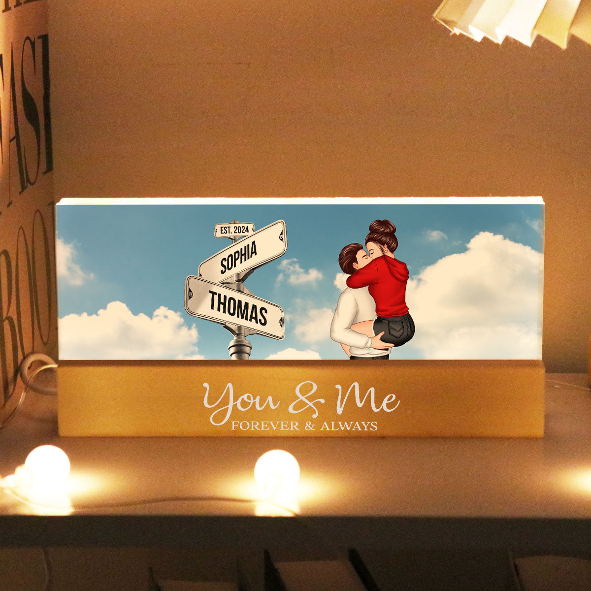 Couple Kissing Beside Street Signs Personalized Acrylic Block LED Night Light, Gift For Him, For Her, Boyfriend, Girlfriend, Husband, Wife