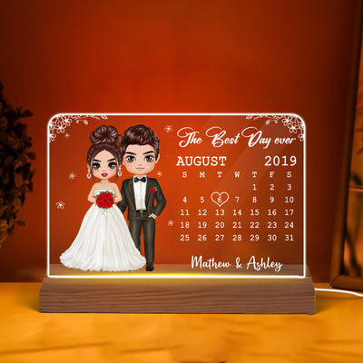 Doll Couple Wedding Anniversary Date Calendar Bride & Groom Rectangle Personalized Custom Shape Acrylic Plaque With LED Night Light - Anniversary Gift For Couple - Gift For Him - Gift For Her