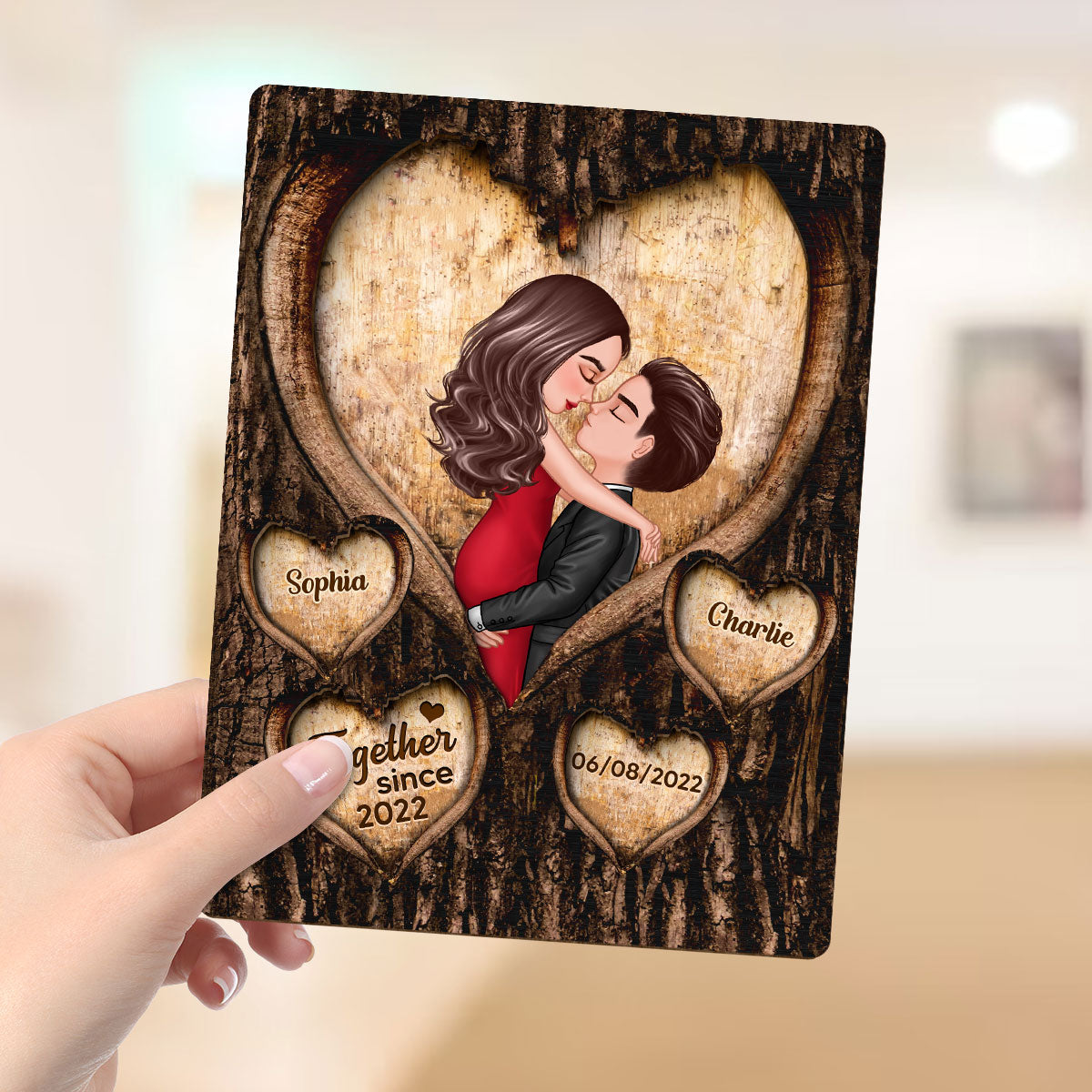 Couple Kissing Hearts Engraved On Tree Personalized 2-layer Wooden Plaque,  Gift For Him, For Her