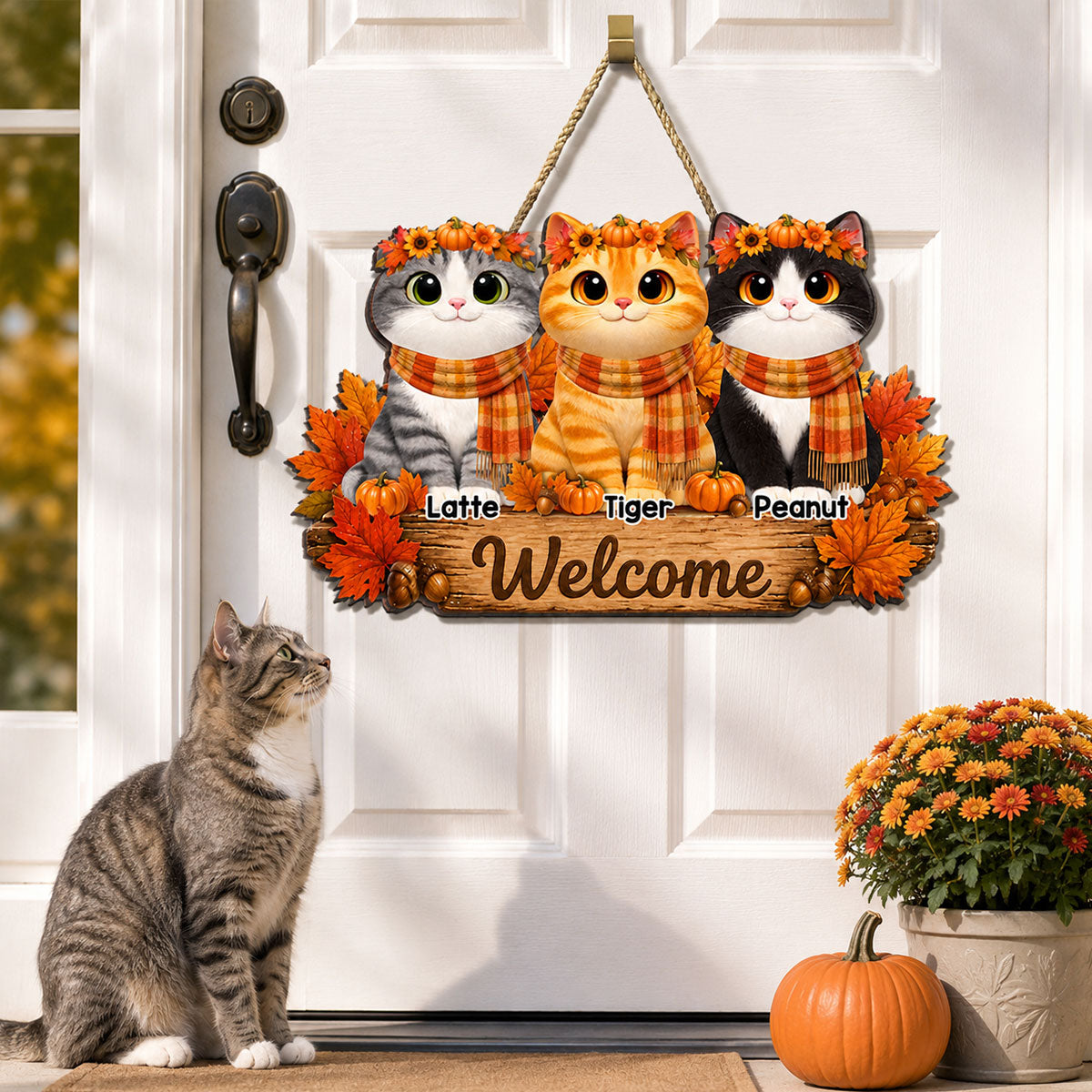 Fall Cats Welcome Door Sign - Personalized Door Sign - Fall Season Decor Gift, Gift For Cat Lovers