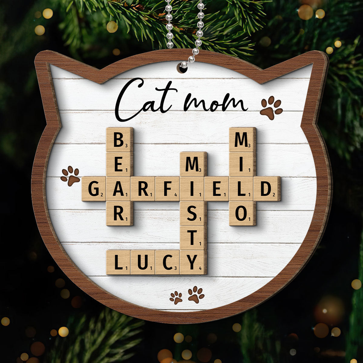 Cat Lover Gift Crossword Puzzle Art Personalized 2-Layer Wooden Ornament [Can add up to 20 cat names]