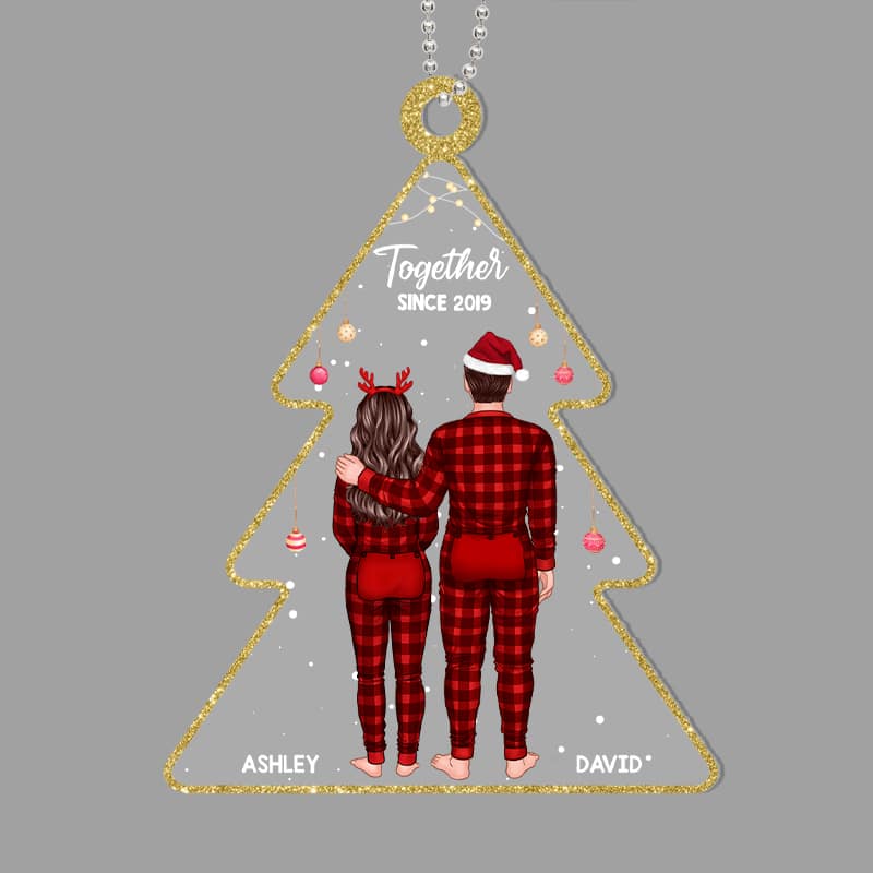 Couple Pajamas Standing Back View Christmas Tree Personalized Acrylic Ornament