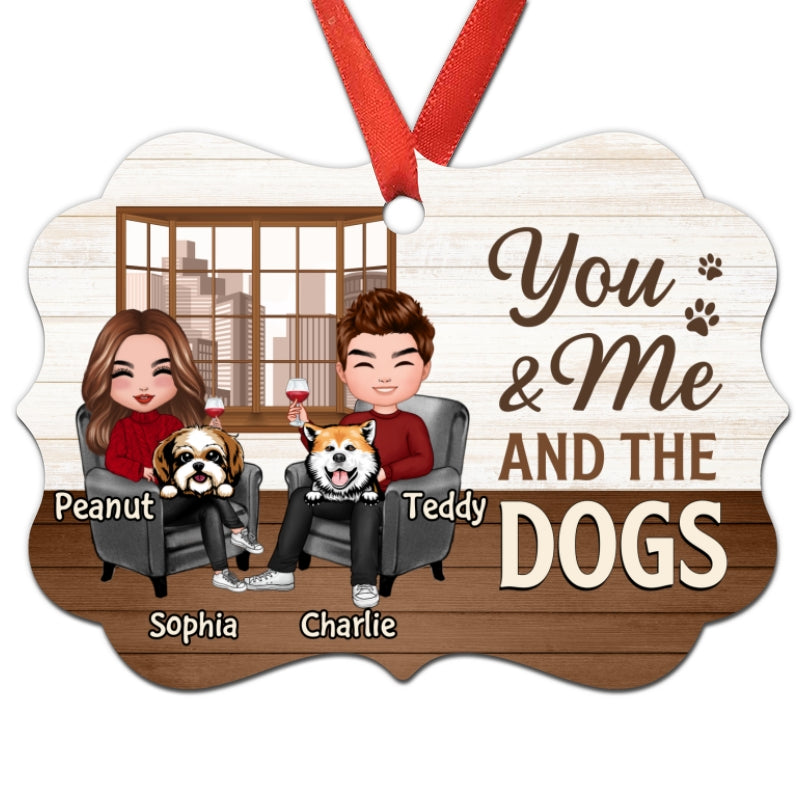 Couple And Dogs Sitting On Chair Personalized Christmas Ornament