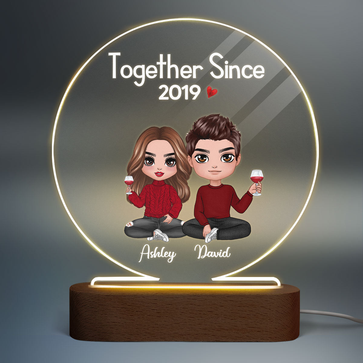 Doll Couple Sitting  Anniversary Gift For Him Gift For Her Personalized Circle Acrylic Plaque LED Lamp Night Light