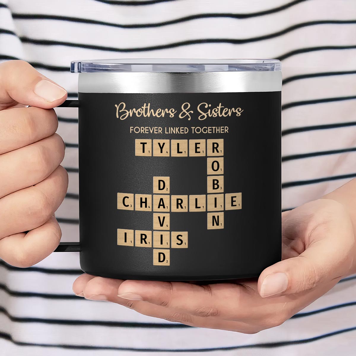 Brothers & Sisters Forever Linked Together Crossword Puzzle Art Personalized Stainless Steel Tumbler With Handle