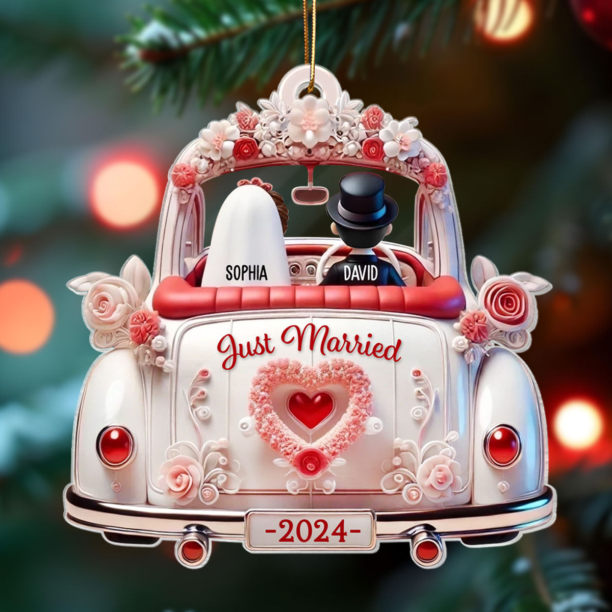 First Christmas Married Couple In Wedding Car Personalized Acrylic Ornament, Unique Christmas Gift For Newlyweds