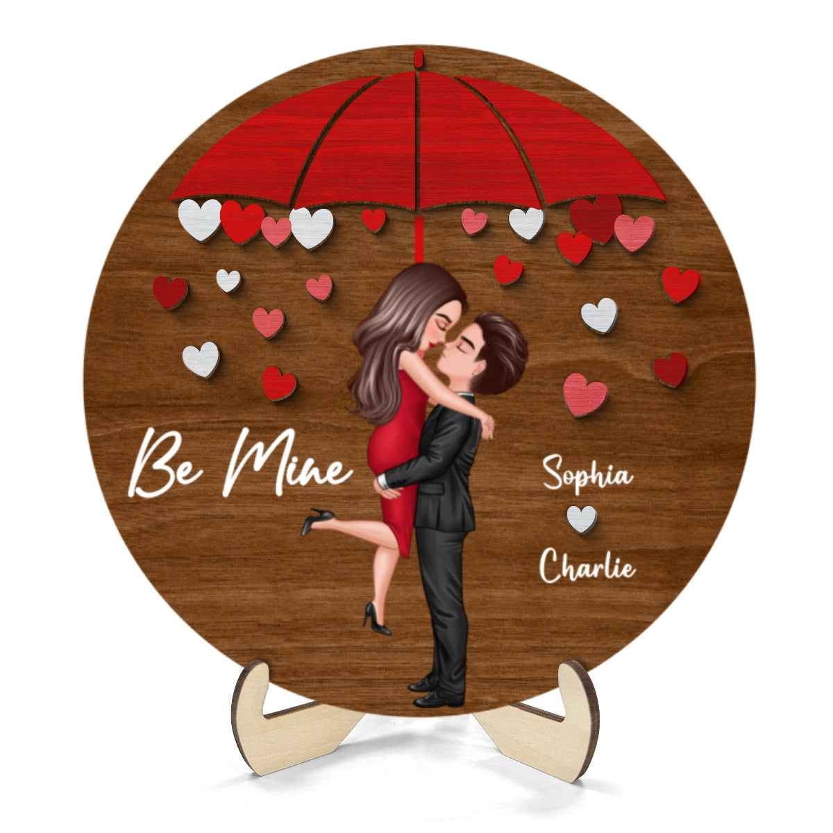 Couple Hugging Kissing Under Umbrella Valentine‘s Day Gift Personalized 2-layer Wooden Plaque