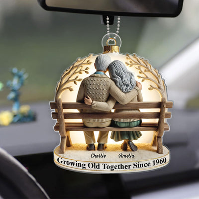3D Effect Old Couple Sitting On Bench Together Personalized Car Hanger Ornament, Heartfelt Gift For Couple, For Him, For Her, Husband, Wife