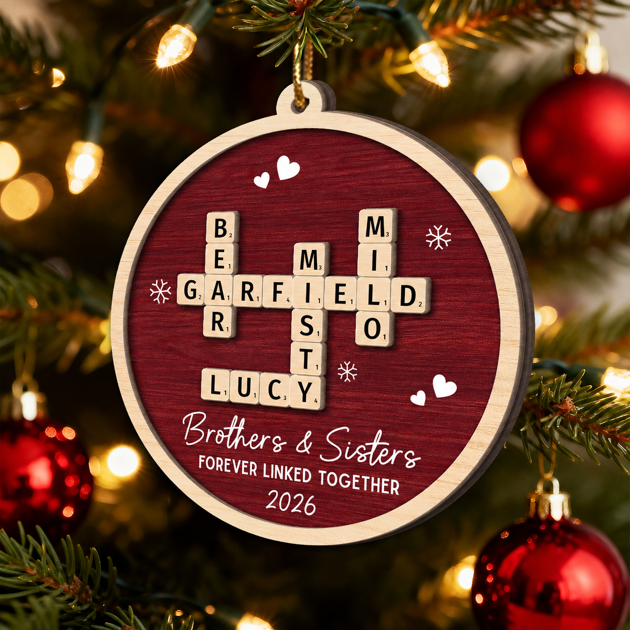 Siblings Forever Linked Together Crossword Puzzle Art - Personalized 2-Layer Wooden Ornament