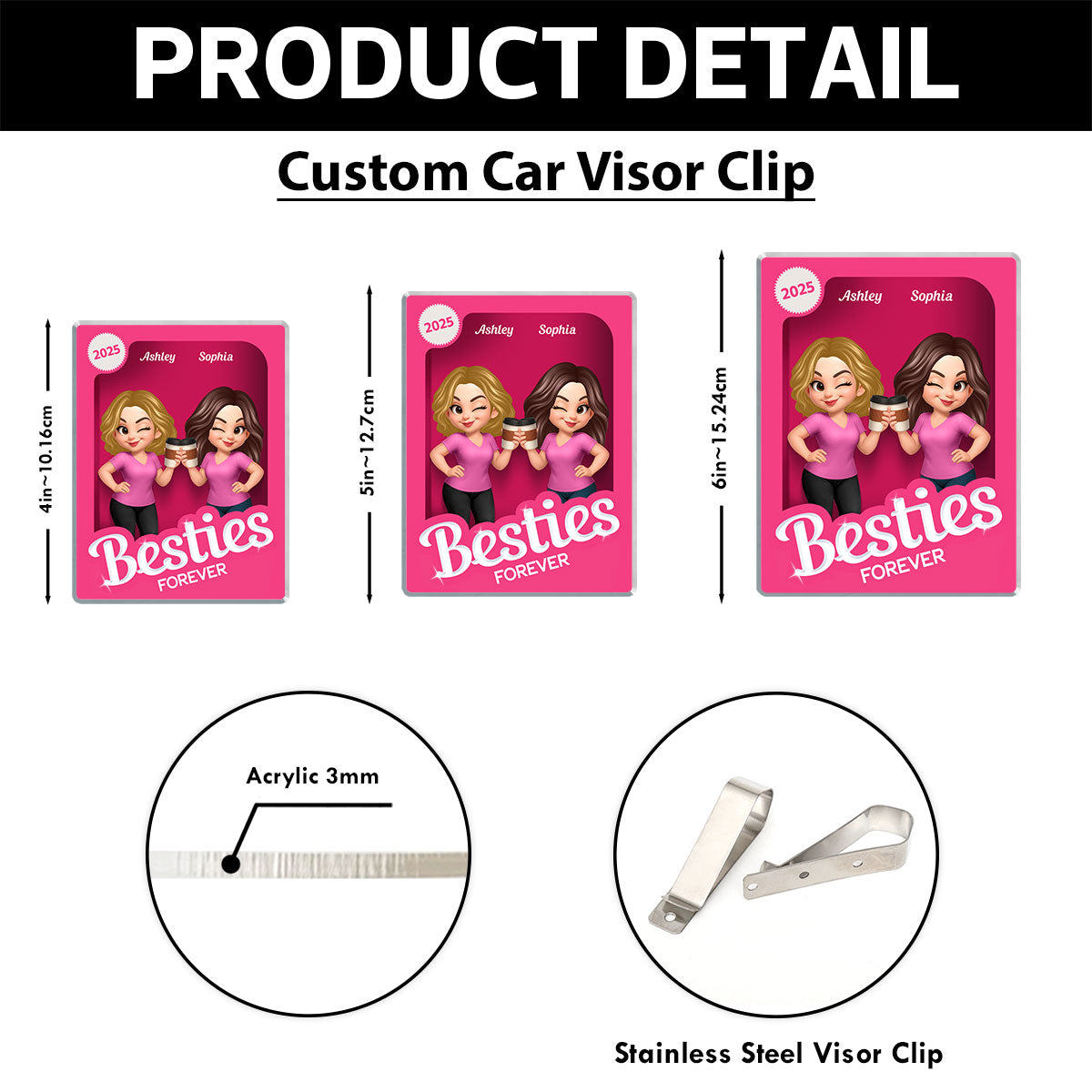 Besties Partners In Crime Pink Action Figure 3D Effect Personalized Acrylic Car Visor