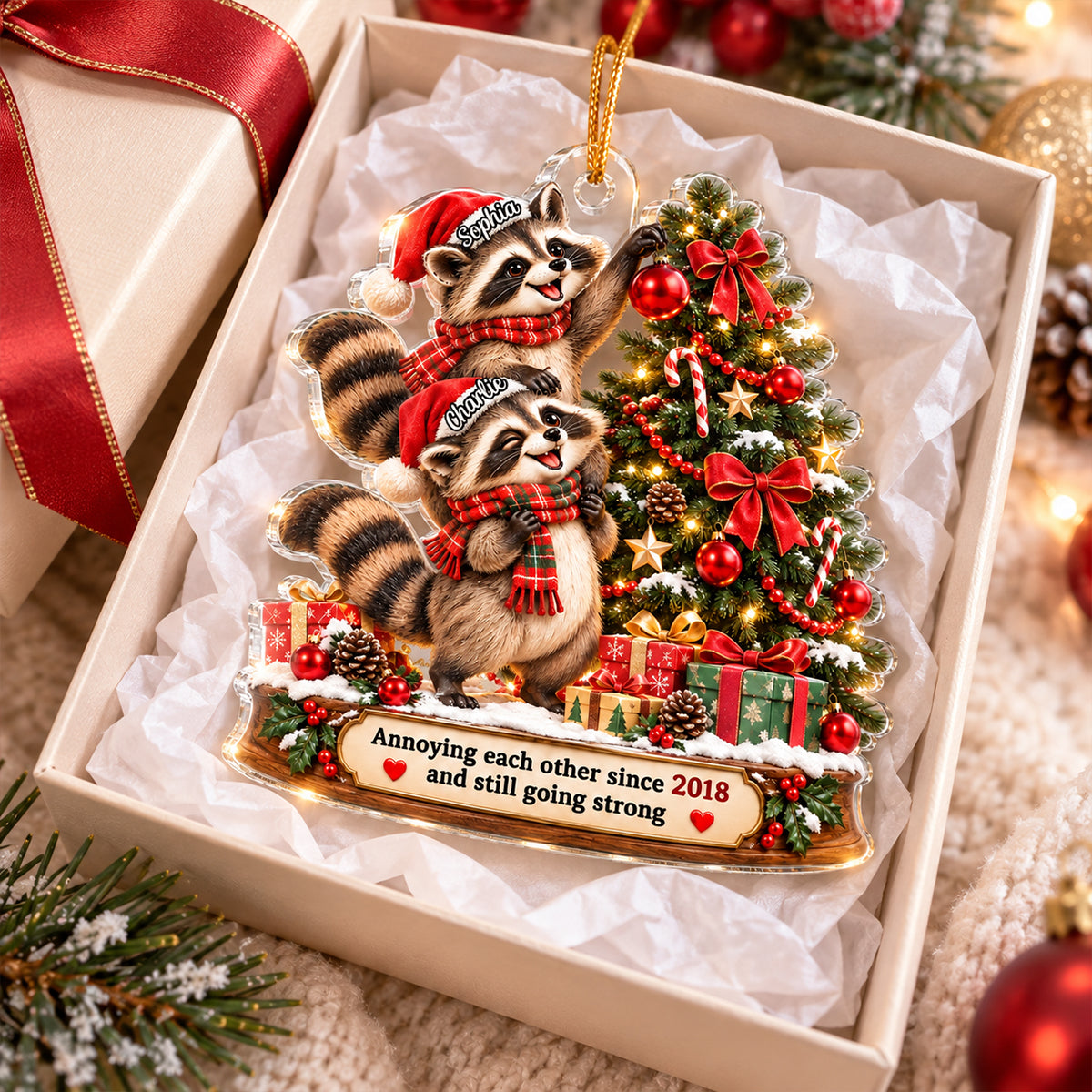 Raccoon Couple Annoying Each Other - Personalized Acrylic Ornament - Funny Christmas Gift for Him, for Her