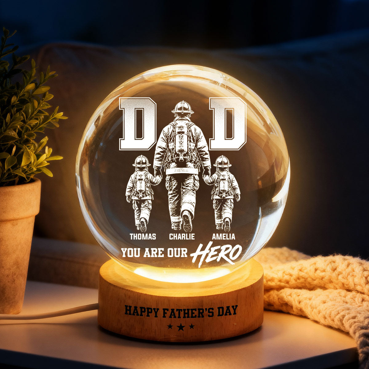 Proud Firefighter Dad You Are Our Hero - Personalized Crystal Ball LED Night Light - Father's Day Gift For Dad, Husband