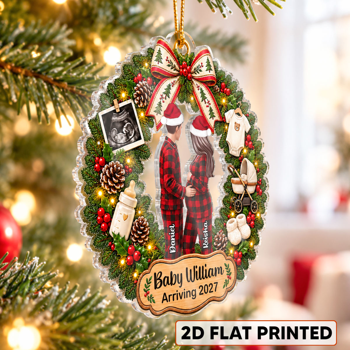 Expecting Baby Christmas Wreath - Personalized Acrylic Ornament - Pregnancy Announcement, Christmas Gift For Wife, Daughter