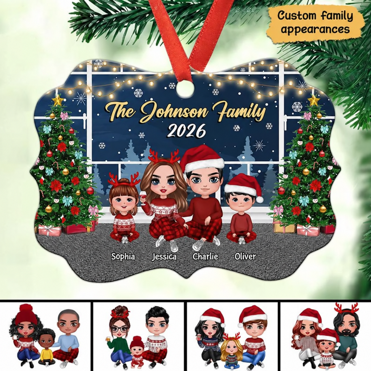 Family Sitting By Window Christmas Night Personalized Ornament