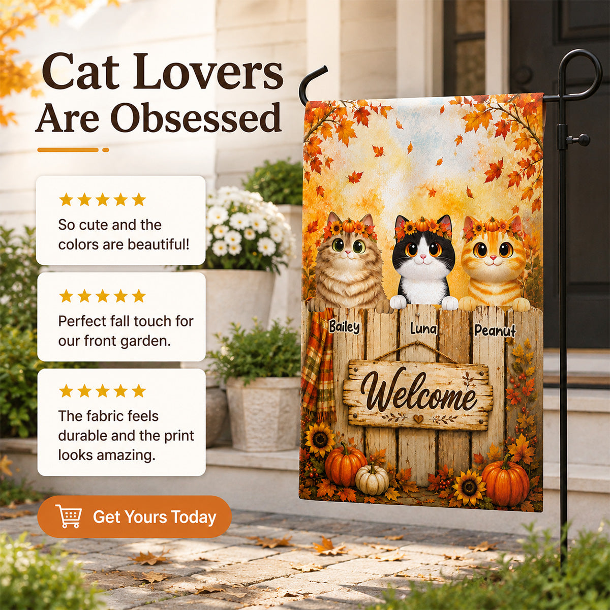 Cozy Fall Welcome Cats Peeking On Fence - Personalized Garden Flag - Fall Season Decoration