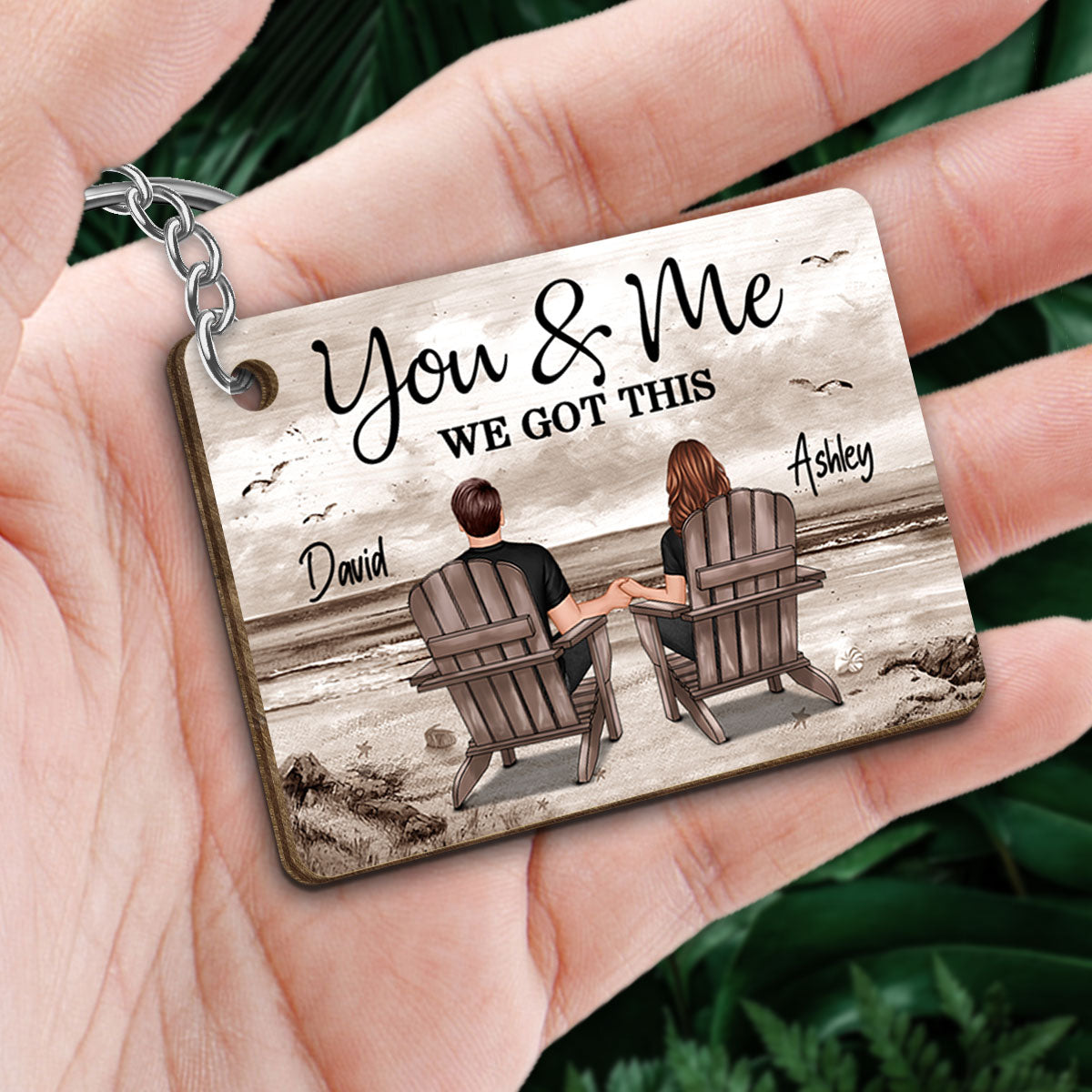 Retro Vintage Back View Couple Sitting Beach Landscape Personalized Wooden Keychain