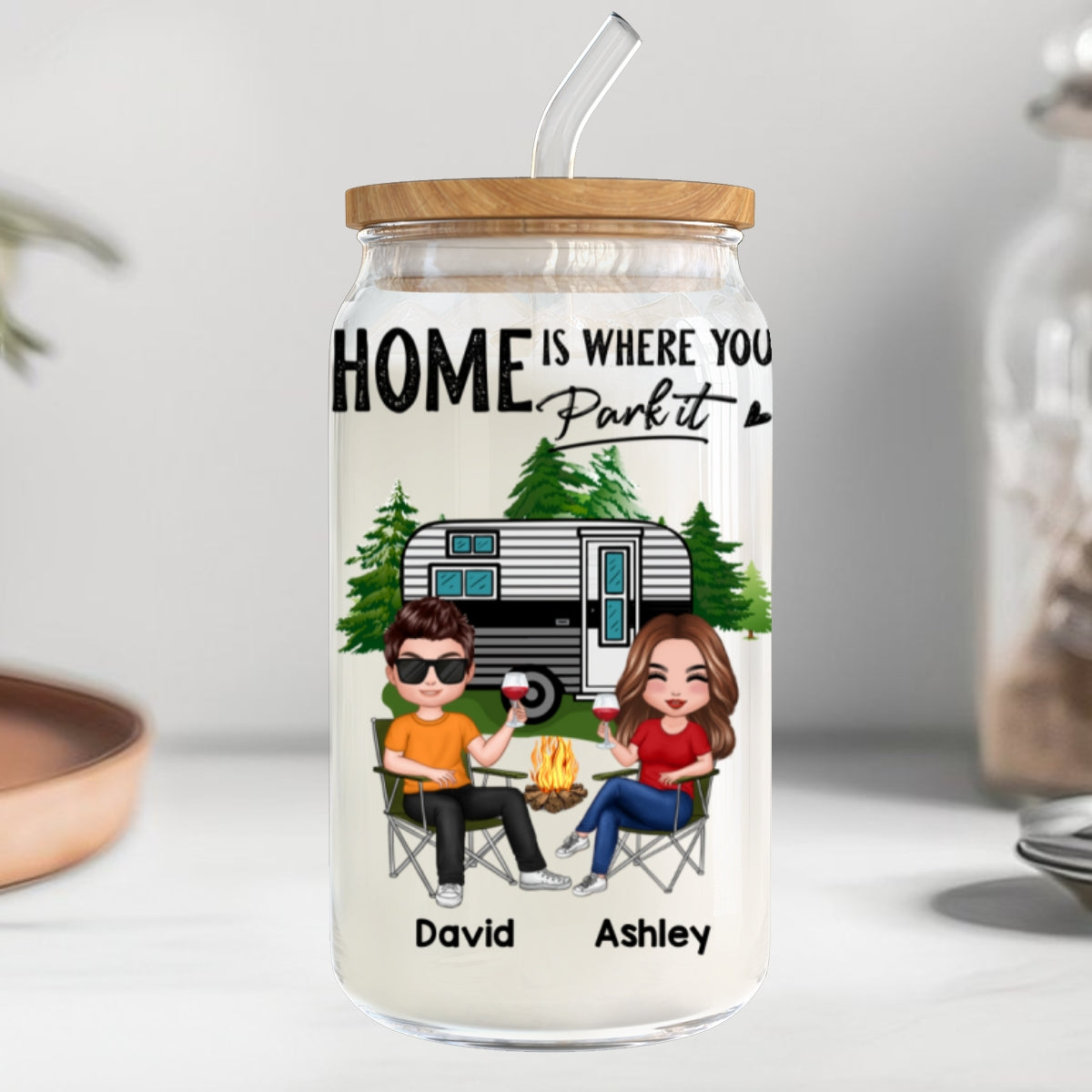 Doll Couple Camping Personalized Clear Glass Can