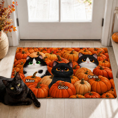 Fall Season Cute Cats Play In Pumpkin Patch - Personalized Doormat - Fall Decor For Cat Lovers