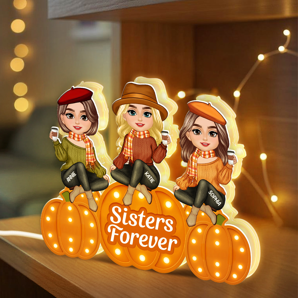 Fall Season Sisters On Marquee Pattern Texture Pumpkins Personalized LED Light Box