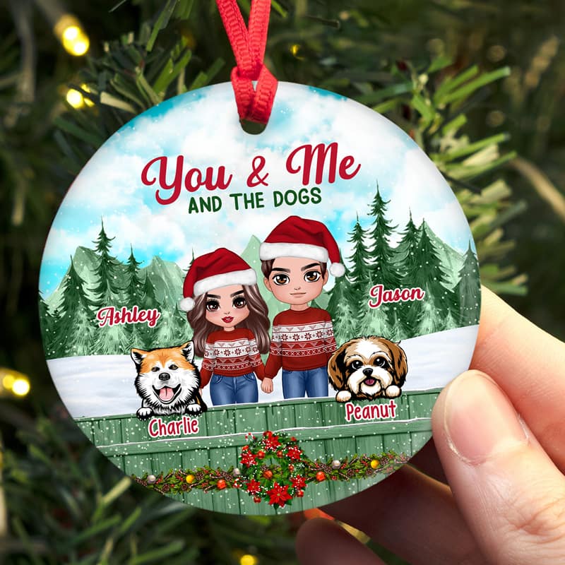 Couple And Dogs On Fence Christmas Personalized Circle Ornament
