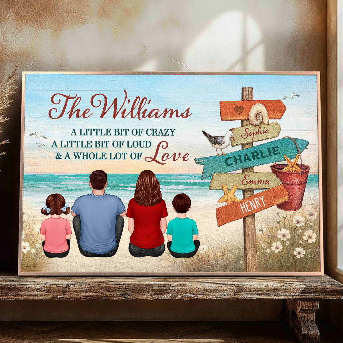 Colored Wood Pallet Family Sitting At Beach Personalized Poster
