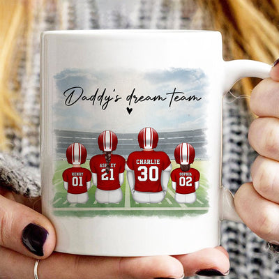 Daddy's Team Football Family Sitting Personalized Mug, Father's Day Gift For Dad, Grandpa, Husband