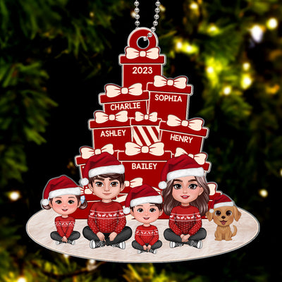 Family Dad Mom Kids Dogs Cats Crossed Legs Sitting Christmas Gift Boxes Pile Personalized Acrylic Ornament