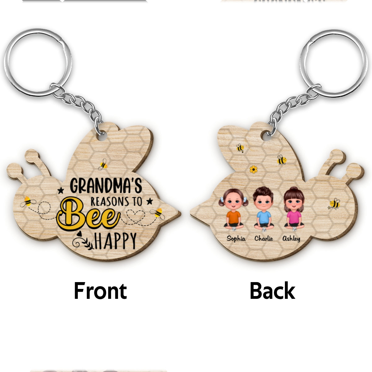 Grandma‘s Reasons To Bee Happy Personalized Wooden Keychain