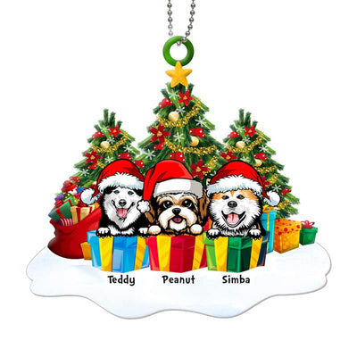 Peeking Dogs On Snow Christmas Tree Personalized Acrylic Ornament