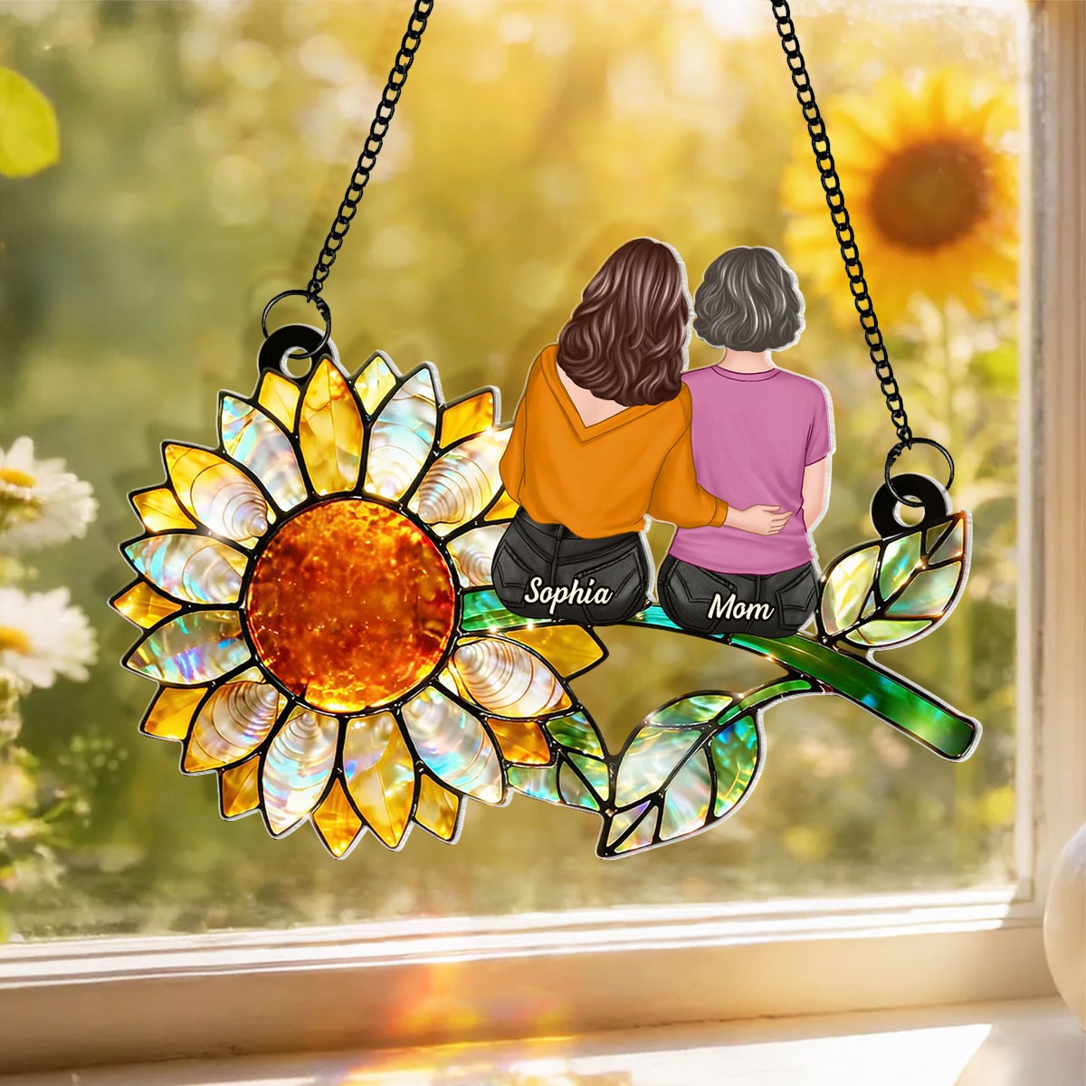 Mother Daughter Sunflower - Personalized Acrylic Window Hanging - Mother's Day Gift for Mom
