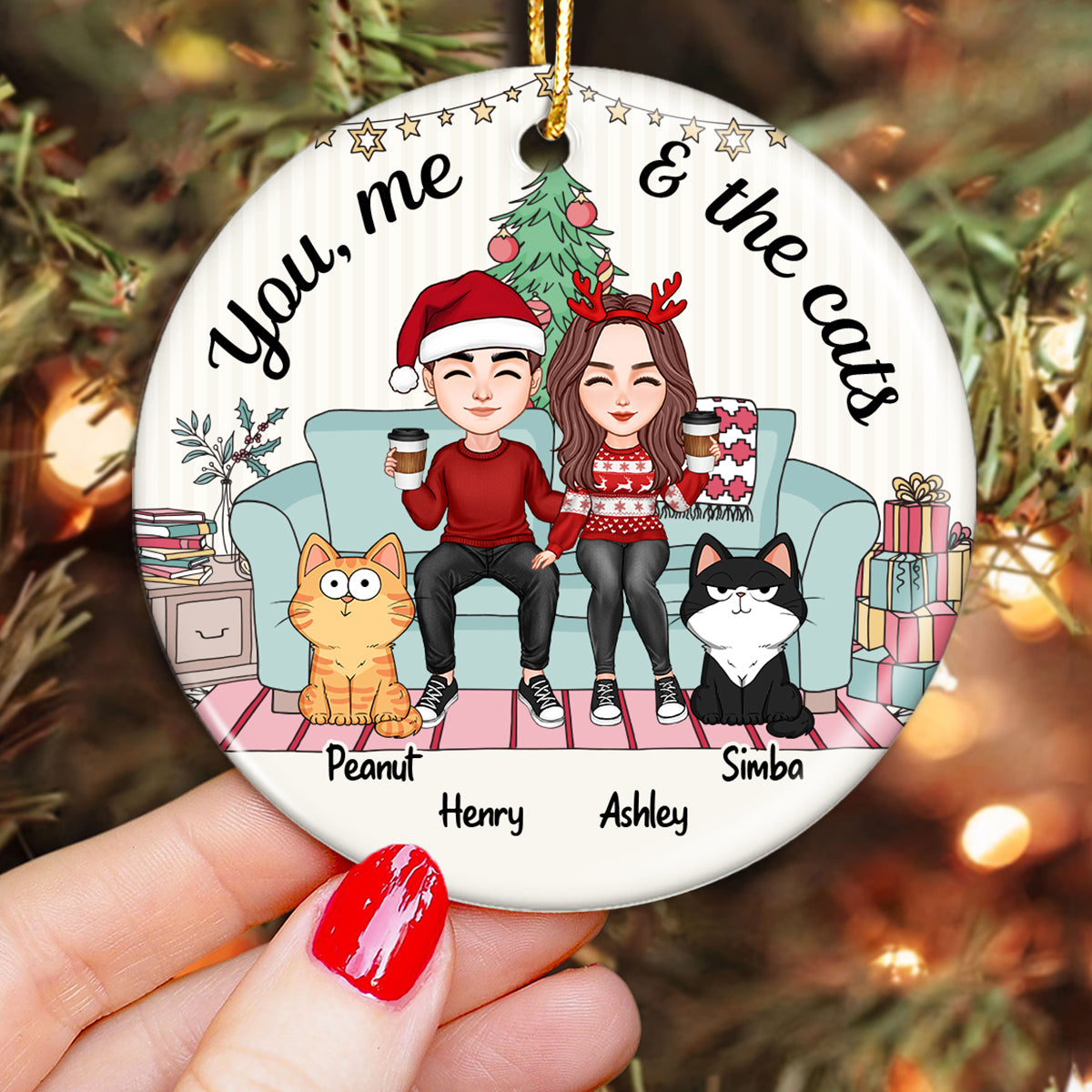 You Me And The Cats On Sofa Cute Couple With Cats Personalized Circle Ornament