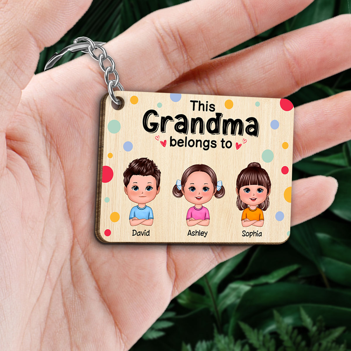This Grandma Mom Belongs To Cute Doll Kids Colorful Dot Personalized Wooden Keychain