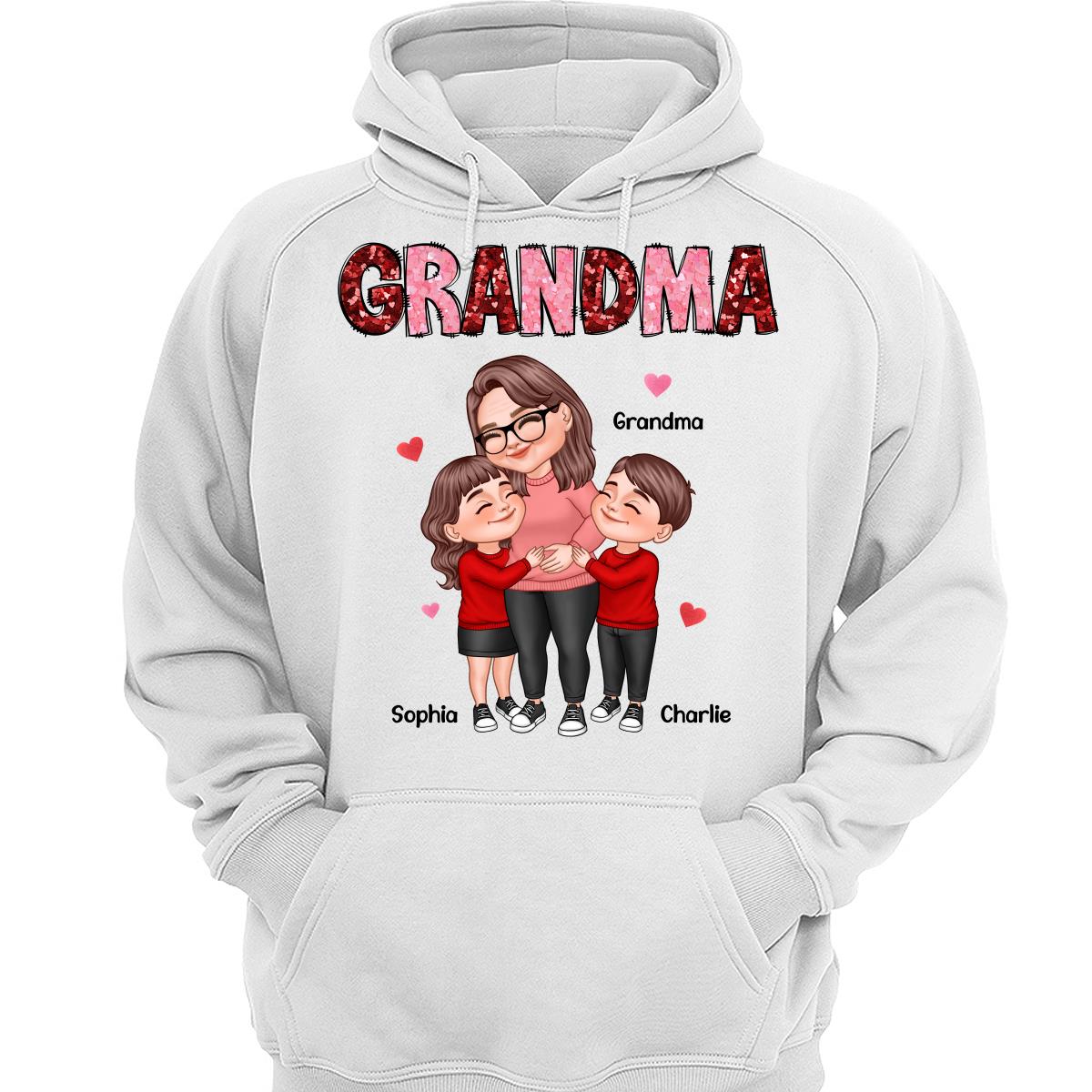 Grandma Grandkids Hugging Red & Pink Hearts Sequins Effect Personalized Shirt