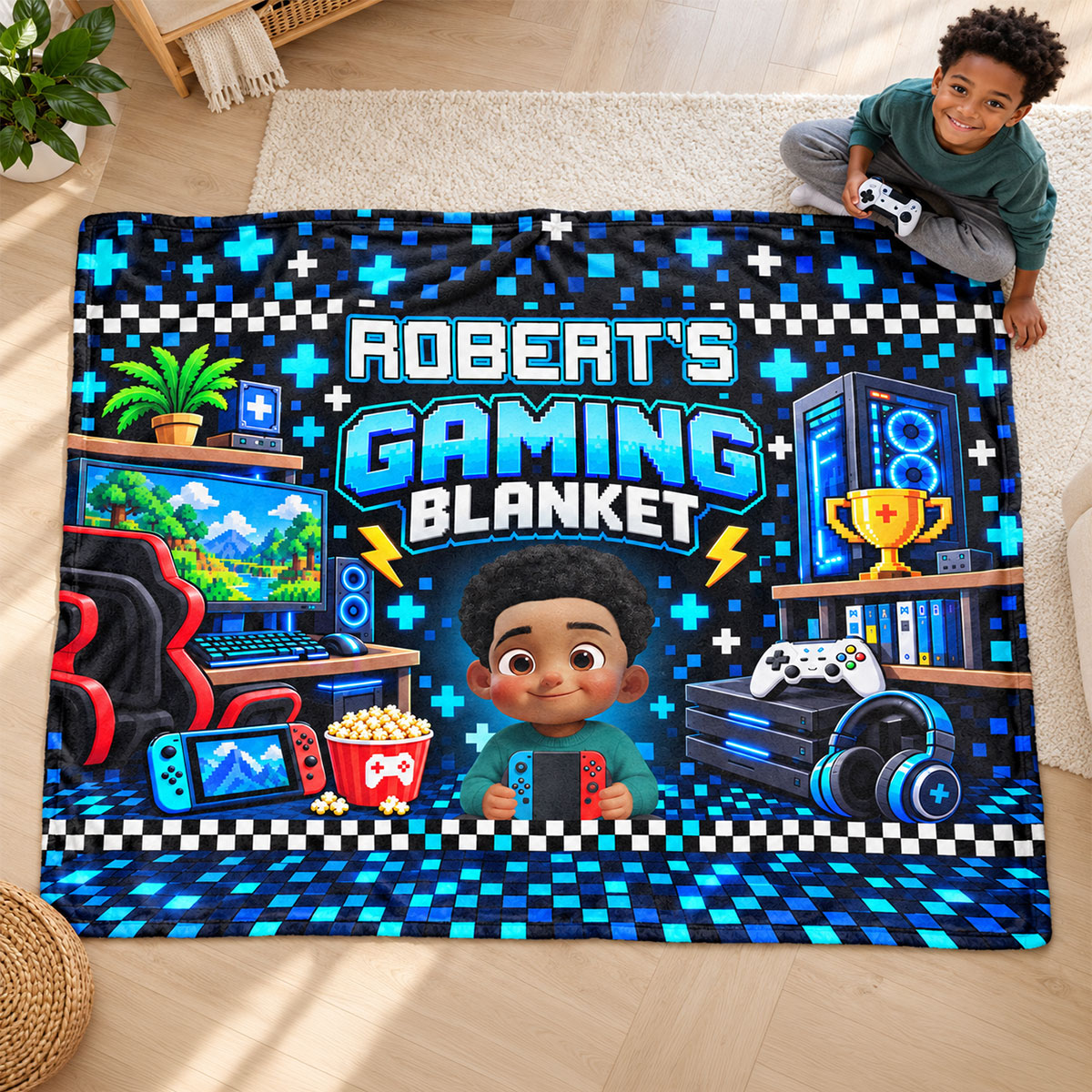 Custom Gamer Name - Personalized Fleece Blanket - Video Game Lover Gift For Son Grandson Teen Boy, Birthday Holiday Gift